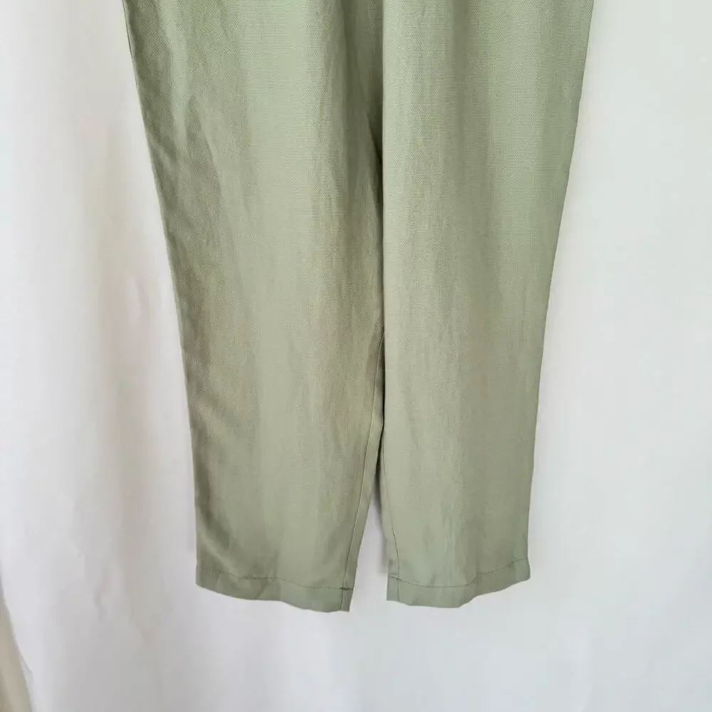 NEW Zara Women Linen Blend Pull On Pant Size S Elastic Waist Beachy Casual Green